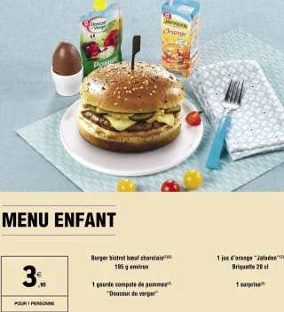 Menu Enfant : Burger bistrot bœuf charolais, 1 gourde compote de pommes Douceur du verger, 1 jus d'orange Jafaden, 1 surprise