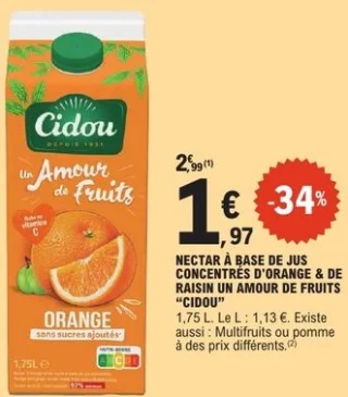 Nectar à base de jus concentrés d'orange & de raisin Un Amour de Fruits Cidou