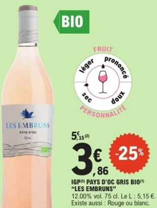 IGP Pays d'Oc gris Bio Les Embruns 75 cl