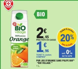 Pur jus d'orange sans pulpe Bio Village 1 L