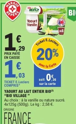 Yaourt au lait entier bio Bio Village