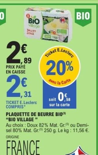 Plaquette de beurre bio Bio Village