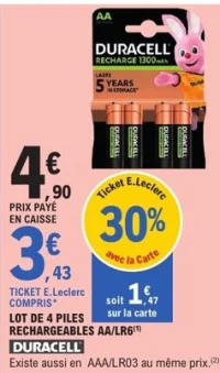 Lot de 4 piles rechargeables AA/LR6 Duracell