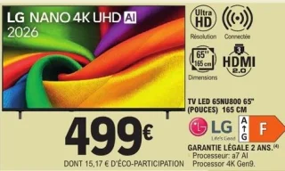 TV LED 65NU800 65" (POUCES) 165 CM LG NANO 4K UHD AI 2026