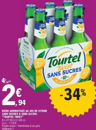 Bière aromatisée au jus de citron sans sucres & sans alcool Tourtel Twist