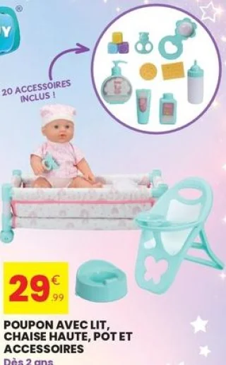 Poupon avec lit, chaise haute, pot et accessoires Mojy
