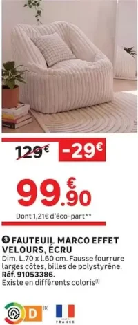 Fauteuil Marco effet velours, écru