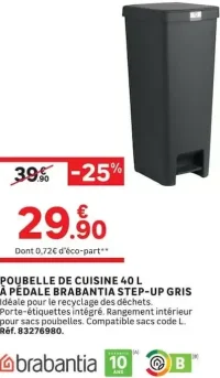 Poubelle de cuisine 40 L à pédale Brabantia Step-Up gris