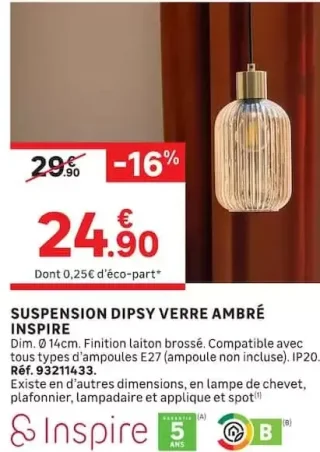 Suspension Dipsy verre ambré Inspire
