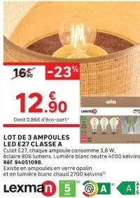 Lot de 3 ampoules LED E27 classe A Lexman