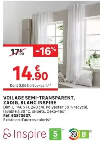 Voilage semi-transparent Zadig blanc Inspire