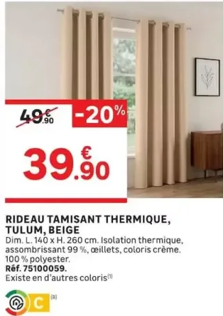 Rideau tamisant thermique Tulum beige