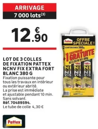 LOT DE 3 COLLES DE FIXATION PATTEX NCNV FIX EXTRA FORT BLANC 380 G
