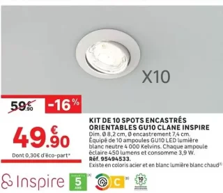 Kit de 10 spots encastrés orientables GU10 Clane Inspire