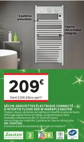 SÈCHE-SERVIETTES ÉLECTRIQUE CONNECTÉ À INTERTIE FLUIDE 500 W MARAPI 2 SAUTER