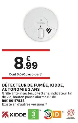Détecteur de fumée Kidde, autonomie 3 ans
