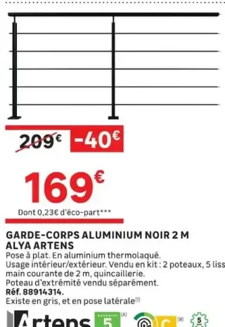 Garde-corps aluminium noir 2 m Alya Artens