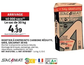 Mortier à empreinte carbone réduite, gris, Sacamat 30 kg