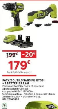 Pack 2 outils sans fil Ryobi + 2 batteries 2 Ah