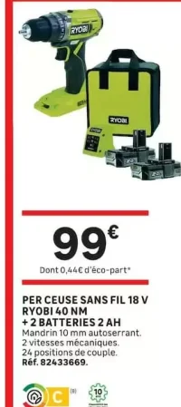 Perceuse sans fil 18 V Ryobi 40 Nm + 2 batteries 2 Ah