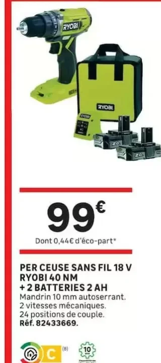 Perceuse sans fil 18 V Ryobi 40 Nm + 2 batteries 2 Ah