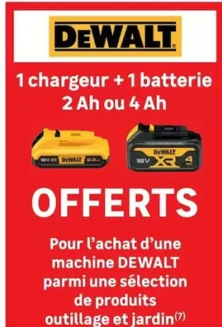 1 chargeur + 1 batterie 2 Ah ou 4 Ah Dewalt