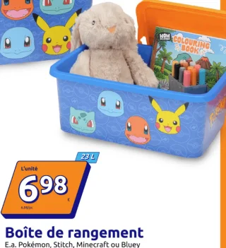 Boîte de rangement 23 L E.a. Pokémon, Stitch, Minecraft ou Bluey