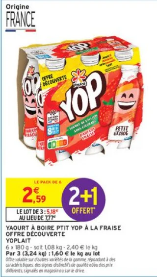 YAOURT À BOIRE PTIT YOP À LA FRAISE OFFRE DÉCOUVERTE YOPLAIT