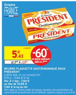 Beurre Plaquette Gastronomique Doux Président