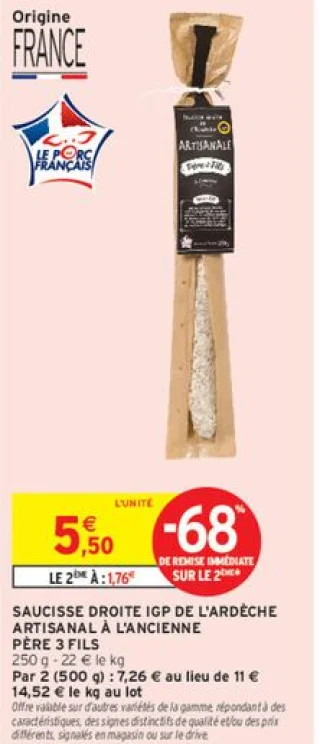Saucisse droite IGP de l'Ardèche artisanal à l'ancienne Père 3 Fils