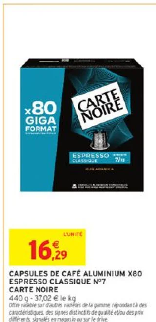 CAPSULES DE CAFÉ ALUMINIUM X80 ESPRESSO CLASSIQUE N°7 CARTE NOIRE