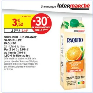 100% pur jus orange sans pulpe Paquito