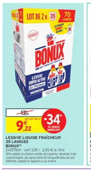 LESSIVE LIQUIDE FRAÎCHEUR 35 LAVAGES BONUX