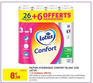 PAPIER HYGIÉNIQUE CONFORT BLANC X26 + 6 rouleaux offerts LOTUS