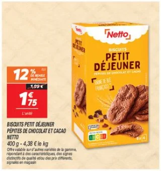 Biscuits petit déjeuner pépites de chocolat et cacao