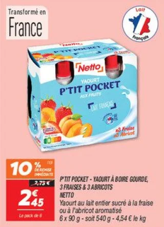 P'tit pocket - yaourt à boire gourde, 3 fraises & 3 abricots  