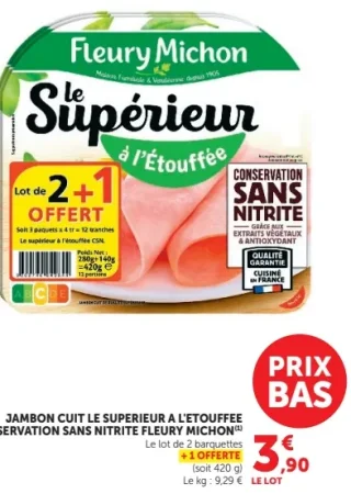 Jambon cuit Le Supérieur à l'étouffée conservation sans nitrite Fleury Michon
