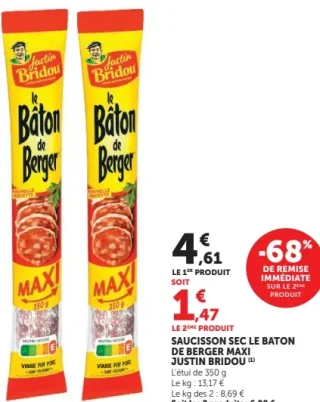 Saucisson sec Le Bâton de Berger Maxi Justin Bridou