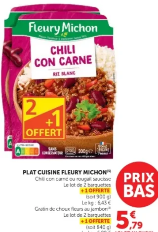 Plat cuisine Fleury Michon Chili con carne, rougail saucisse ou gratin de choux fleurs au jambon