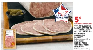 Tête roulée avec langue ou pâté de tête persillé ou pâté de campagne ou mousse forestière Brient ou rôti de porc cuit tradition nature