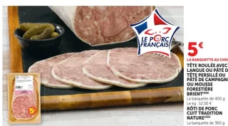 Tête roulée avec langue, pâté de tête persillé, pâté de campagne, mousse forestière ou rôti de porc cuit tradition nature Brient