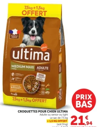 Croquettes pour chien Ultima Adulte ou Senior ou Light