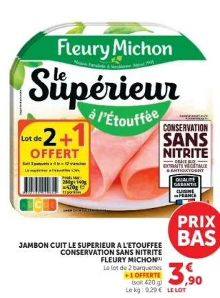 Jambon cuit le supérieur à l'étouffée conservation sans nitrite Fleury Michon