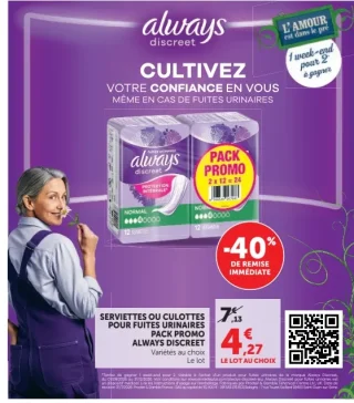 Serviettes ou culottes pour fuites urinaires pack promo Always Discreet