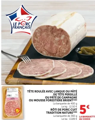 Tête roulée avec langue, pâté de tête persillé, pâté de campagne ou mousse forestière Brient / Rôti de porc cuit Tradition Nature