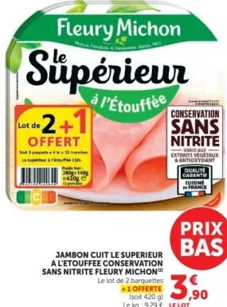 Jambon cuit le supérieur à l'étouffée sans nitrite Fleury Michon