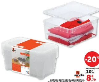 Lot de 2 boîtes de rangement 18L ou lot de 6 boîtes de rangement 6L Sundis