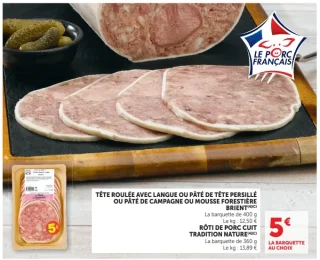 Tête roulée avec langue, pâté de tête persillé, pâté de campagne, mousse forestière ou rôti de porc cuit Brient