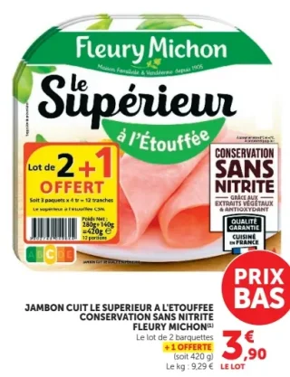 Jambon cuit Le Supérieur à l'étouffée conservation sans nitrite Fleury Michon
