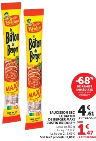 Saucisson sec Le Bâton de Berger Maxi Justin Bridou